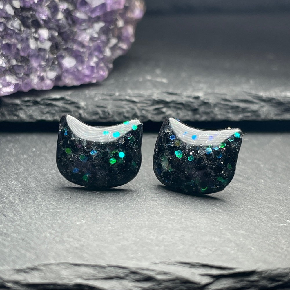 2/$18 Custom Made Black and Green Cat Stud Earrings - Picture 6 of 13